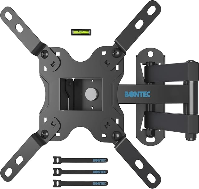 BONTEC TV Wall Bracket for Most 13-43 Inch LED LCD TVs, Tilt, Swivel & 360°Rotation Monitor Wall mount with Max VESA 200x200mm, up to 20kgs, with Safety Screws, Bubble Level, Cable Ties included
