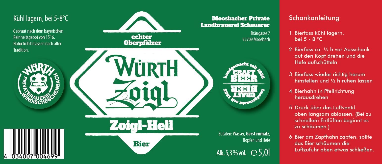 Zoigl Bier aus der Oberpfalz untergärig Partyfass 5 Liter - Brauerei Würth 5l