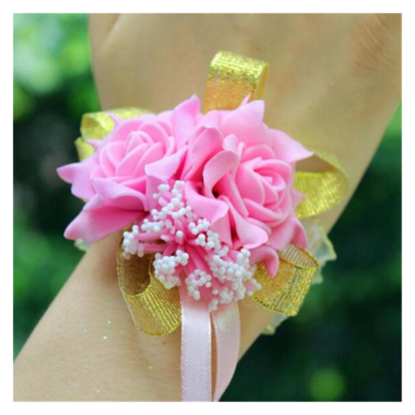 TXLEAPEY Foam Rose Flowers Bridal Bridesmaid Wrist Corsage Wedding Party Ribbon Bracelet(Pink)