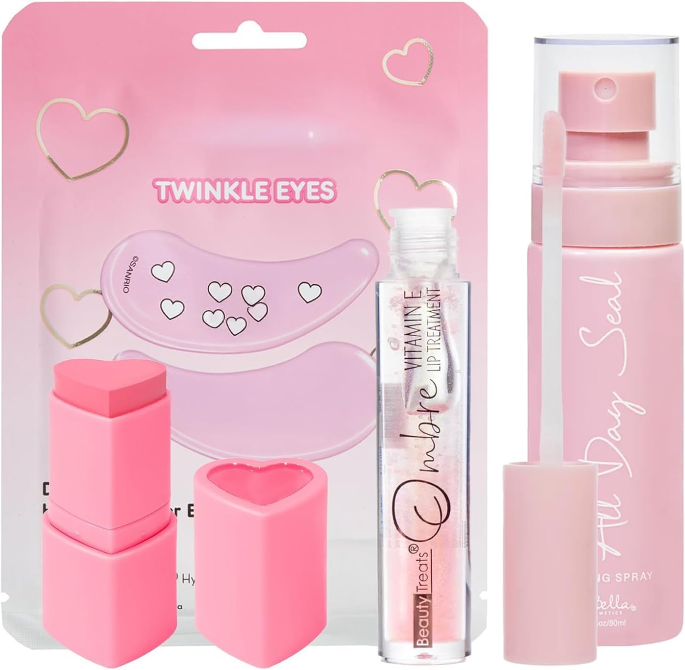 Beauty Bundle Mystery Makeup Sets Kitty Twinkle Eyes Patches, Amorus Matte Sweet Blush Stick, All Day Setting Spray & Beauty Treats Ombre Lip Treatment Gifts