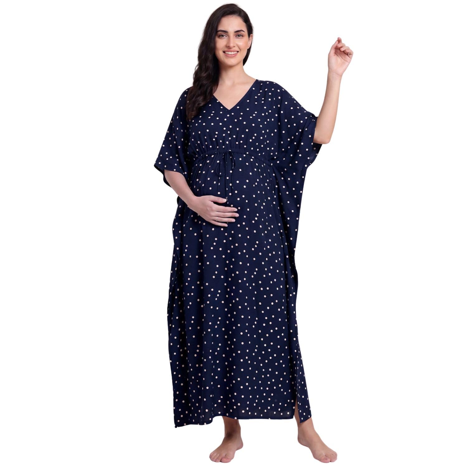 secret wish Polka Dots Rayon Maternity Kaftan Nighty/Free Size/Feeding/Nursing/Zipper/Drawstring/Full Length-picture-26