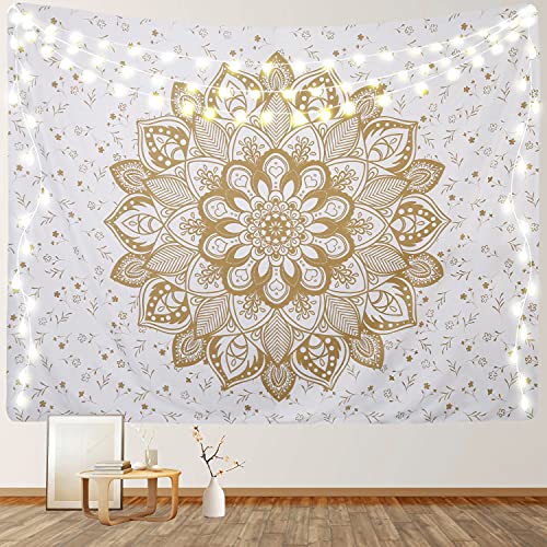 RosieLily White And Gold Mandala Boho Wall Tapestry, Bohemian Indian Psychedelic Hippie Wall Hanging for Bedroom Living Room Dorm Decor, 59