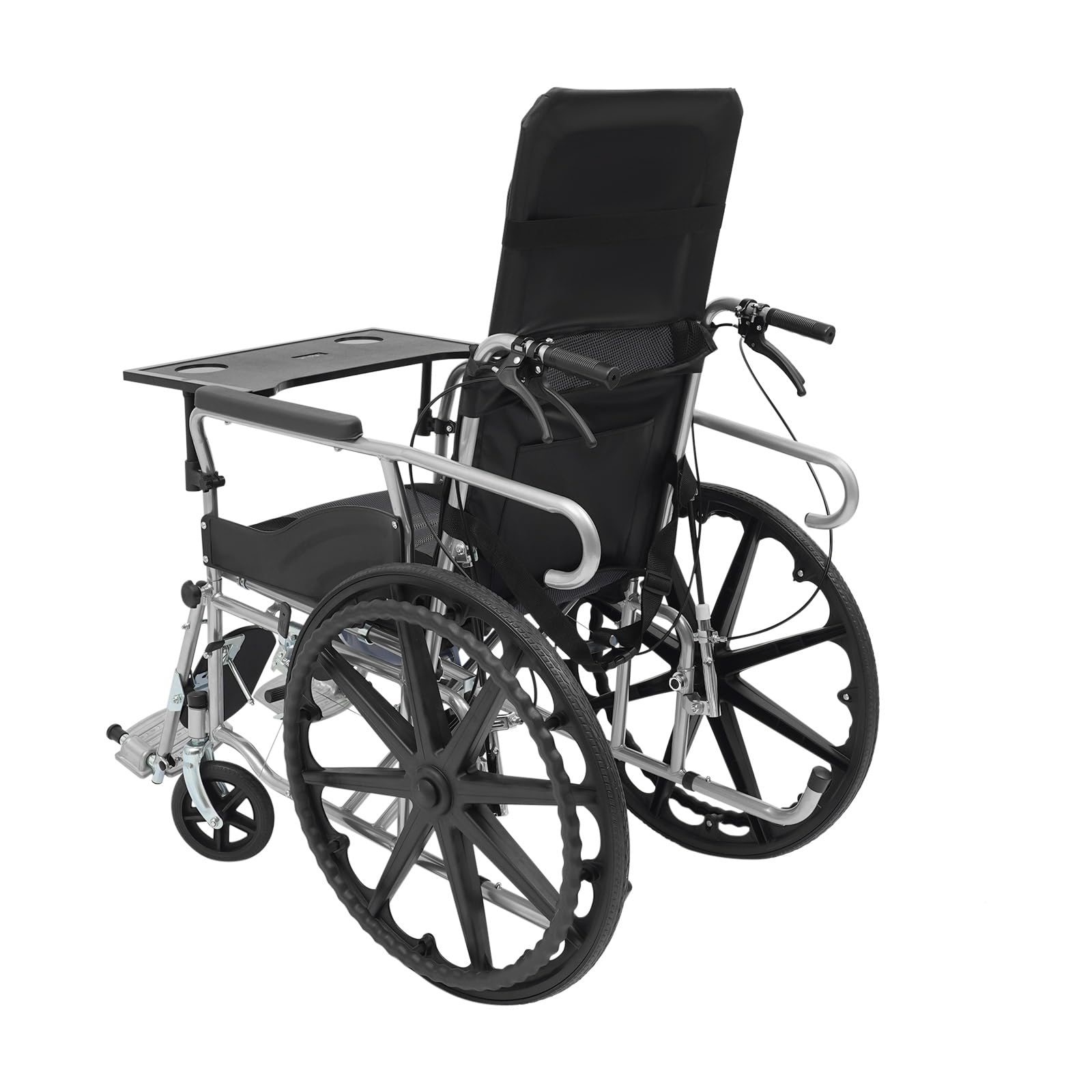 Silla de ruedas reclinable con respaldo de 90 – 180 ° y altura ajustable 89 – 121 cm, silla de ruedas de transporte de hasta 100 kg con protección antivuelco y rueda de freno, silla de ruedas