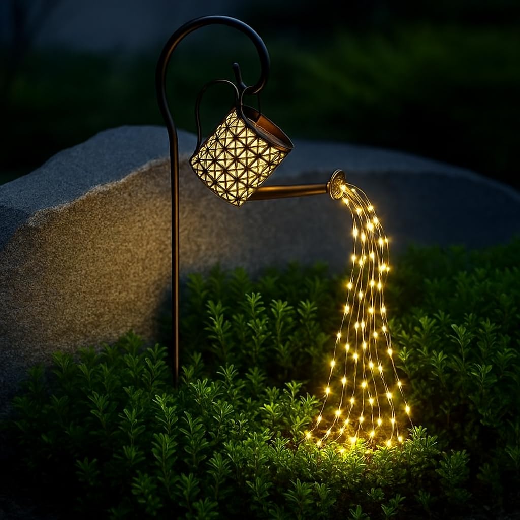 – Solar Watering Can Outdoor Decorative Light - Retro Metal Lantern Hanging Star LED Fairy Lamp for Garden Patio Lawn with Bracket
