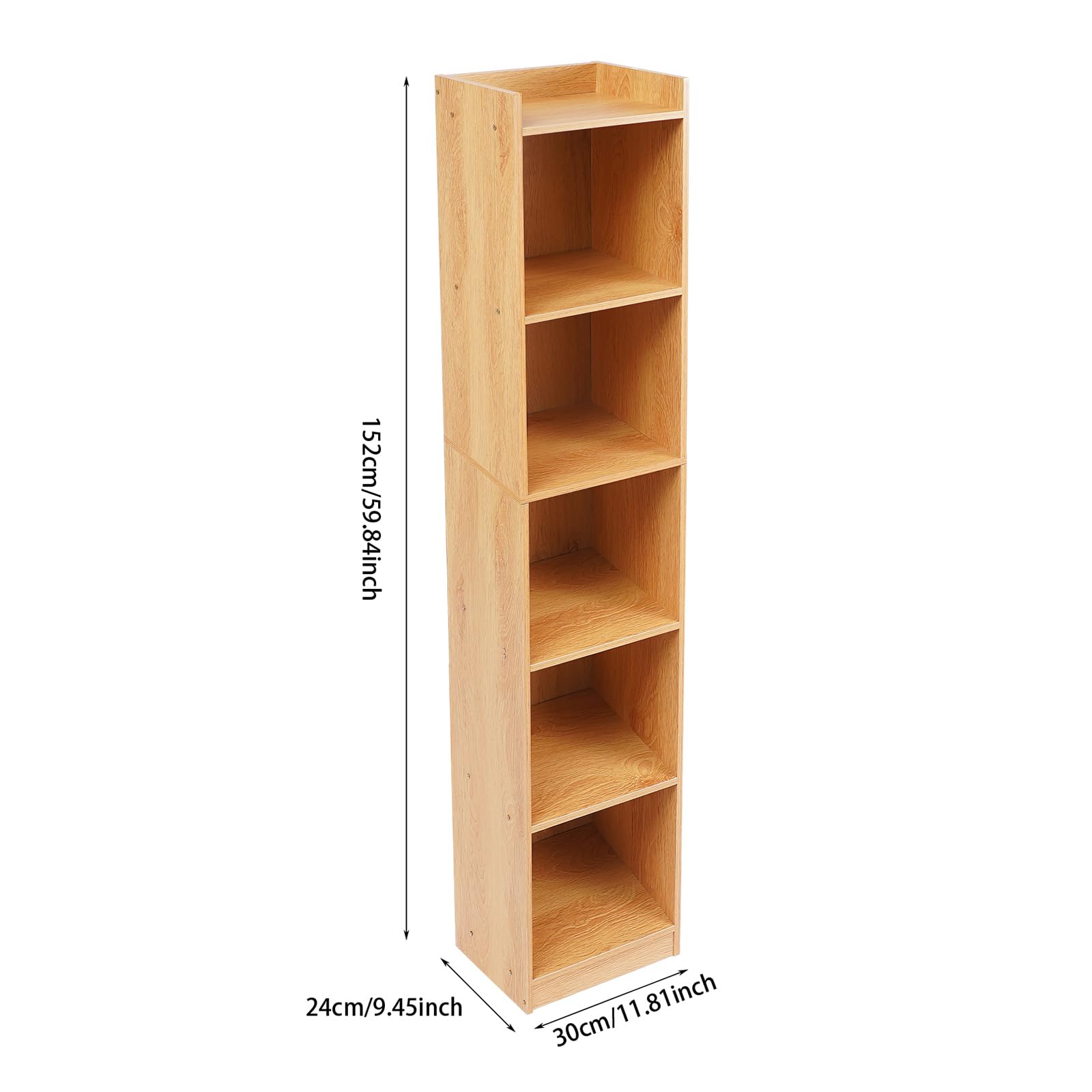 Bücherregal mit 5 Fächern, Standregal Weiß, Würfelregal, freistehendes Regal, Büroregal Aktenregal aus Holzwerkstoff, 30 * 24 * 152cm (Eiche)