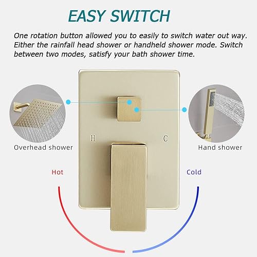 Miniatura 4 de Heable Sistema de ducha de oro cepillado con cabezal de ducha de lluvia de alta presión de 8 pulgadas, cabezal de ducha de mano, mezclador de lluvia