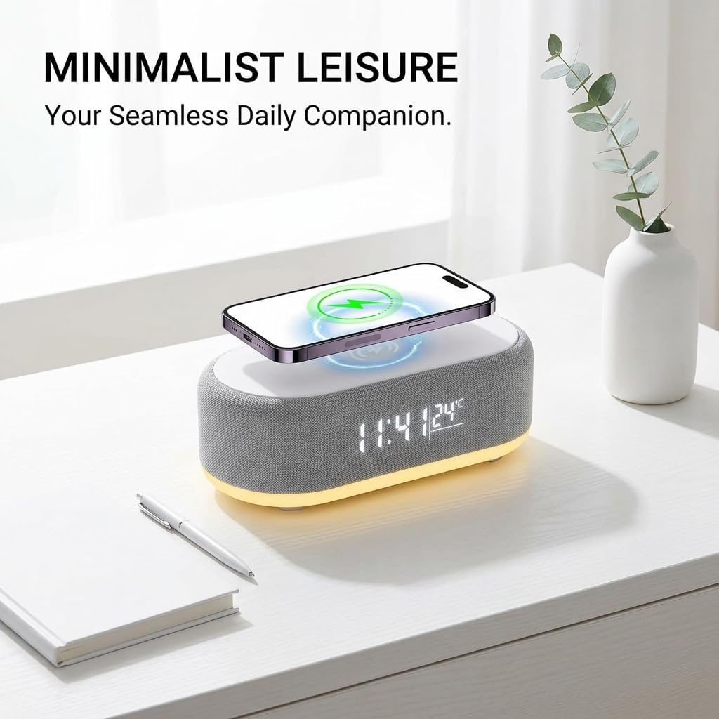 Réveil Chargeur Induction 3 en 1, Horloge Numérique LED, Chargeur Induction iPhone & Android,Simulateur d’Aube, Réveil Connecté avec Lumière, Double Alarme, USB, Design Moderne