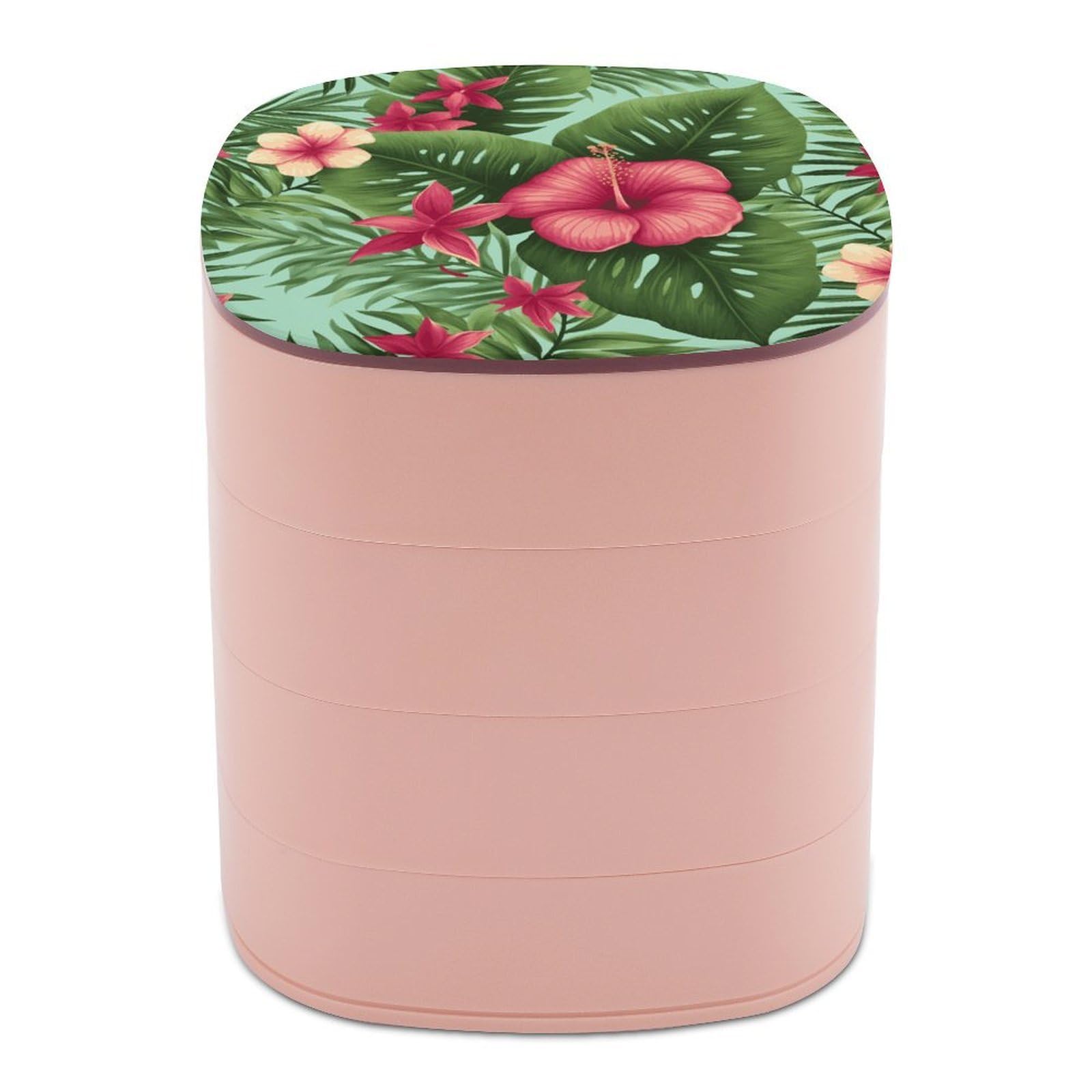 Btcowzrv Women's Style Hawaiian Tropical Leaves Flowers Jewelry Organizer With Mirror, 4-Layer Rotating Jewelry Box For Ring Earring Necklaces Bracelets Hair Accessories, Gift For