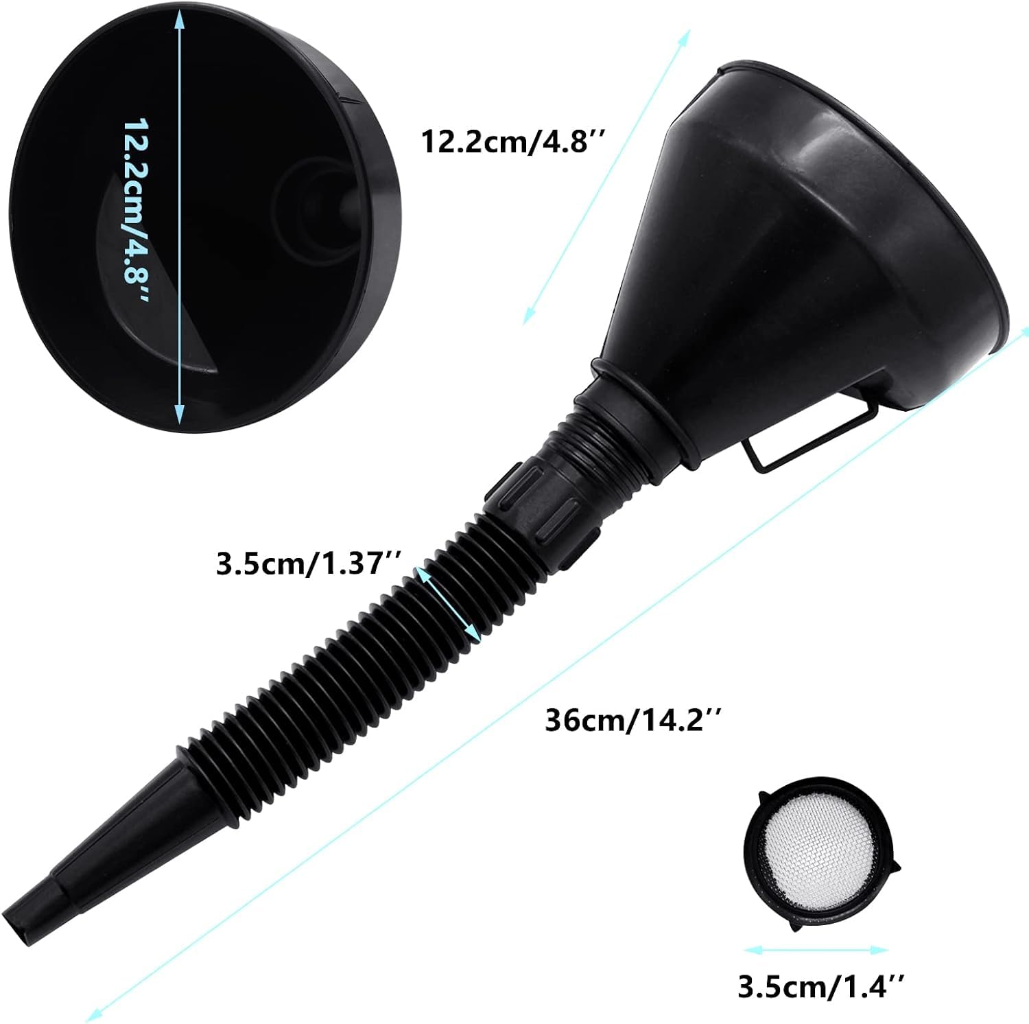 Hsthe Sea Imbuto universale, imbuto con tubo flessibile, imbuto di riempimento olio con bordo alto troppo pieno, ugello di riempimento rimovibile, imbuto olio con filtro, arancione