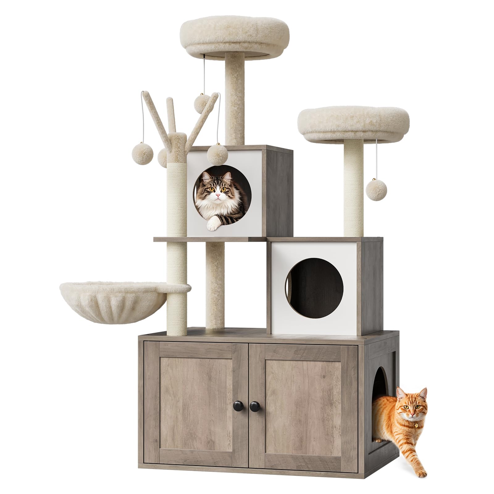 Kratzbaum Groß Mit Katzentoilettengehäuse, Versteckte Katzentoilette Mit Sisal-Kratzbaum Und Weichem Plüschsitzplatz, Aktivitätsbaum, Katzenmöbel Aus Holz Mit Mehreren Plattformen, Grau