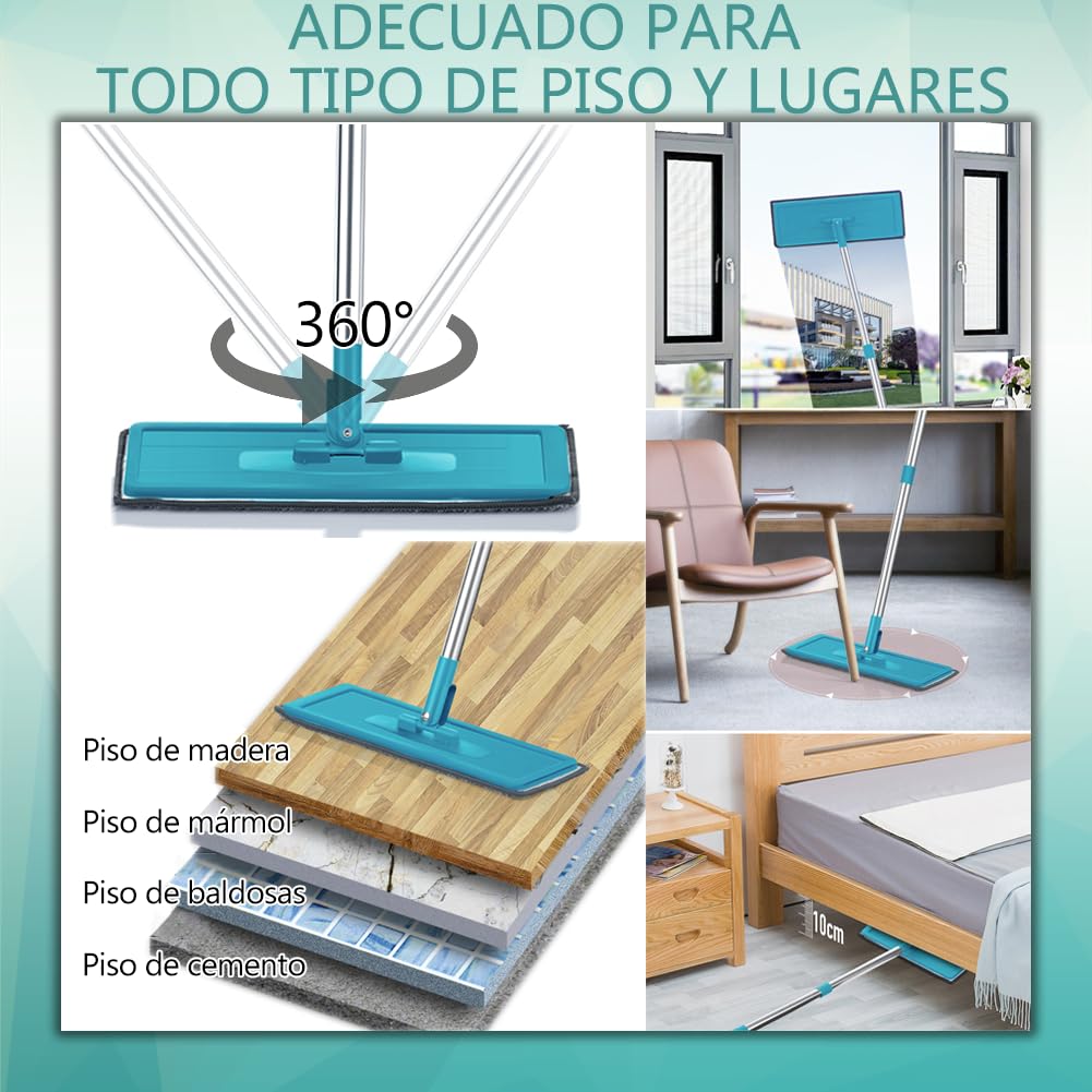 Mopa para Limpiar Azulejos y Paredes Mopa Fregona con Cubo Escurridor Trapeador Fregona Autoescurrible Mopas de Limpieza Suelos Mop Bucket Set 6 Almohadillas Gamuza Microfibra