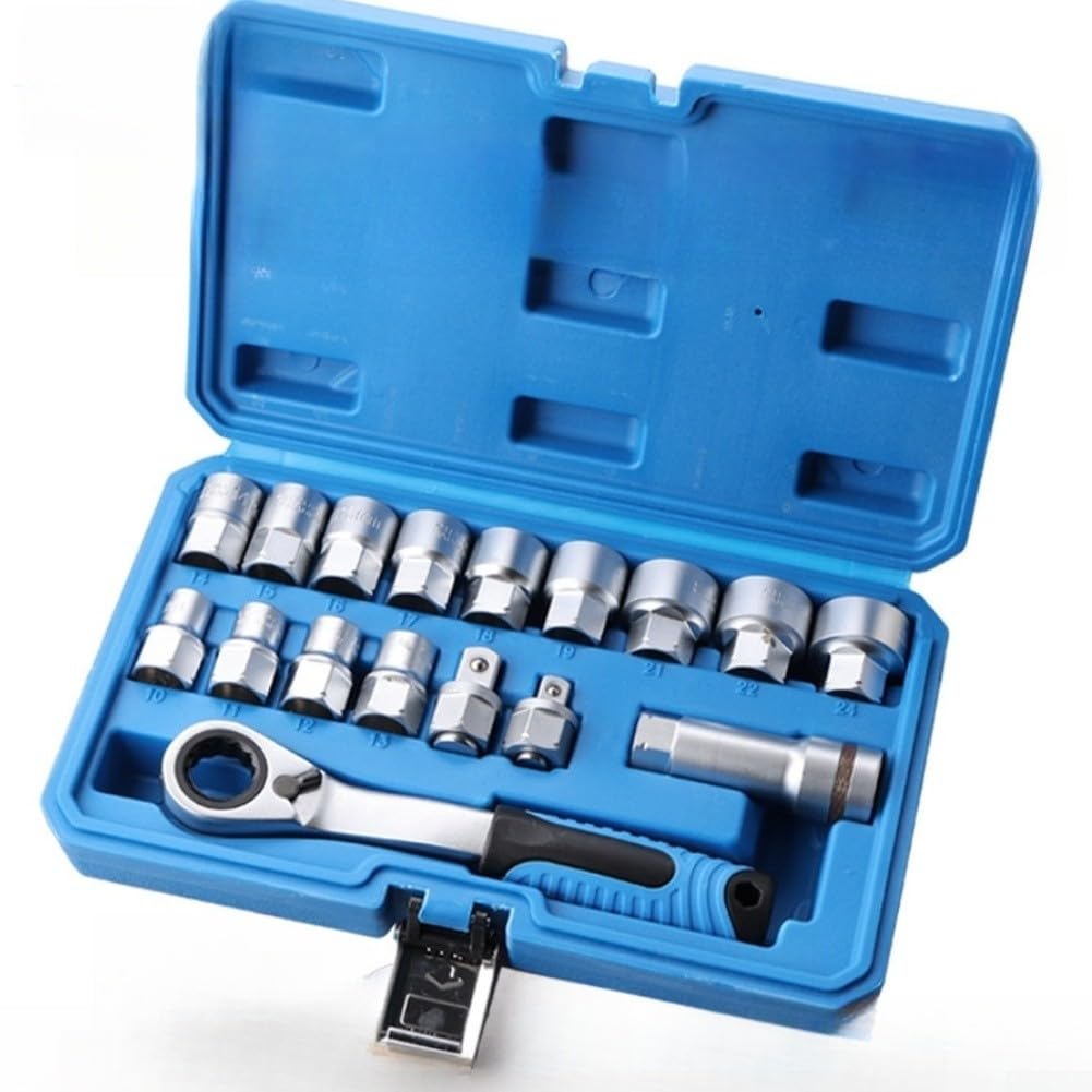 Set di chiavi a bussola a cricchetto a 12 punte con barra di estensione e punte, bussole metriche da 10-24 mm, per riparazioni domestiche e garage