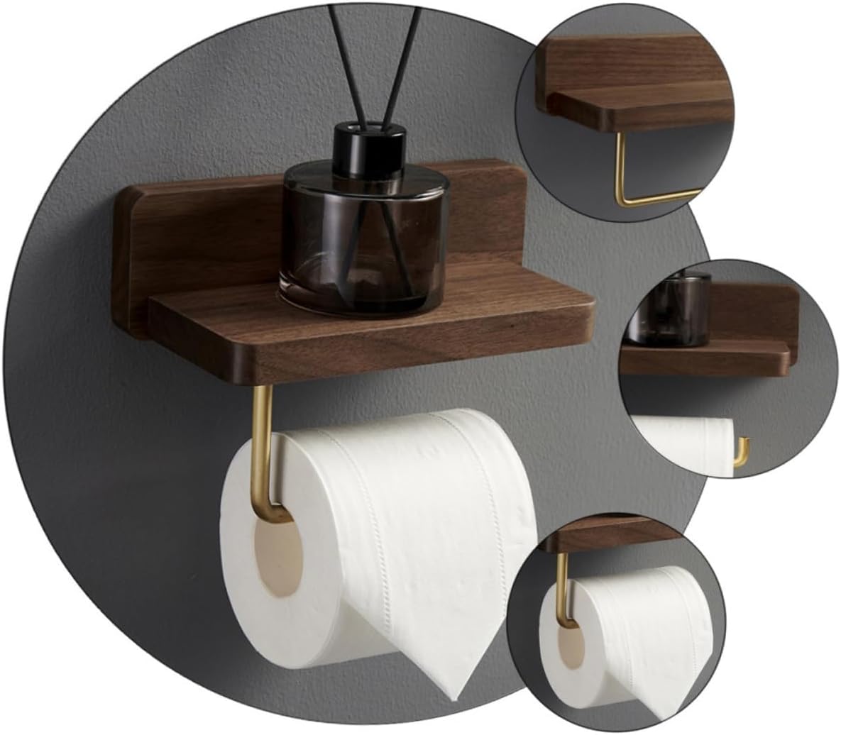 Multipurpose Natural Wood Toilet Paper Holder Rack with Shelf Wall Mount Bathroom Paper Dispenser for Small Spaces Walnut Finish Tissue Holder with Storage for Phones and