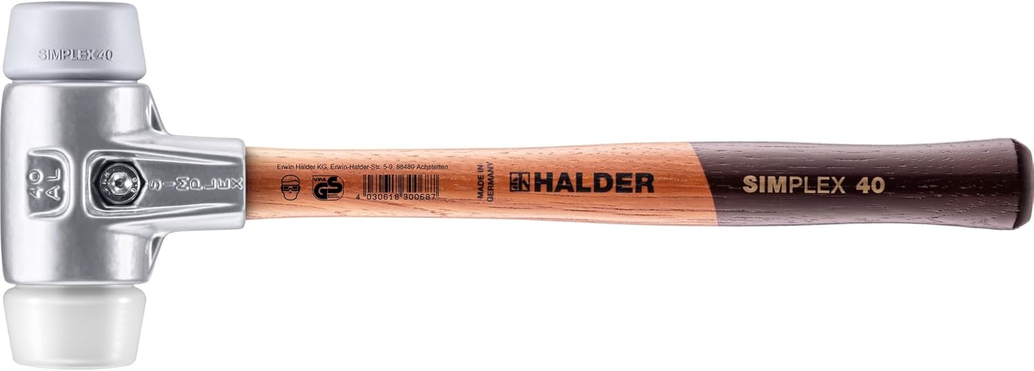 Halder Simplex Soft-Faced Mallet 3137.040 – TPE-Mid Insert, Hard Superplastic Insert, Lightweight Aluminum Housing with Handle Protection Sleeve, Varnished Wooden Handle, 40mm, .8 lbs.