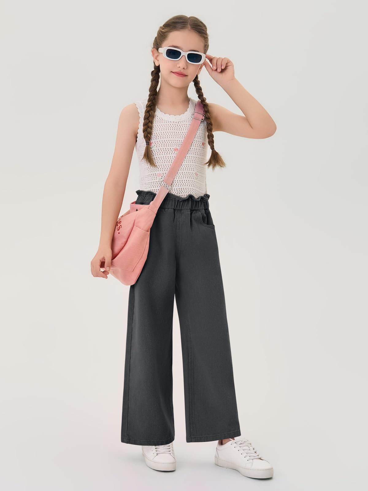 Haloumoning Lindos jeans acampanados de pierna ancha para niñas, pantalones de gran tamaño con cintura elástica y bolsillos de 5 a 14 años