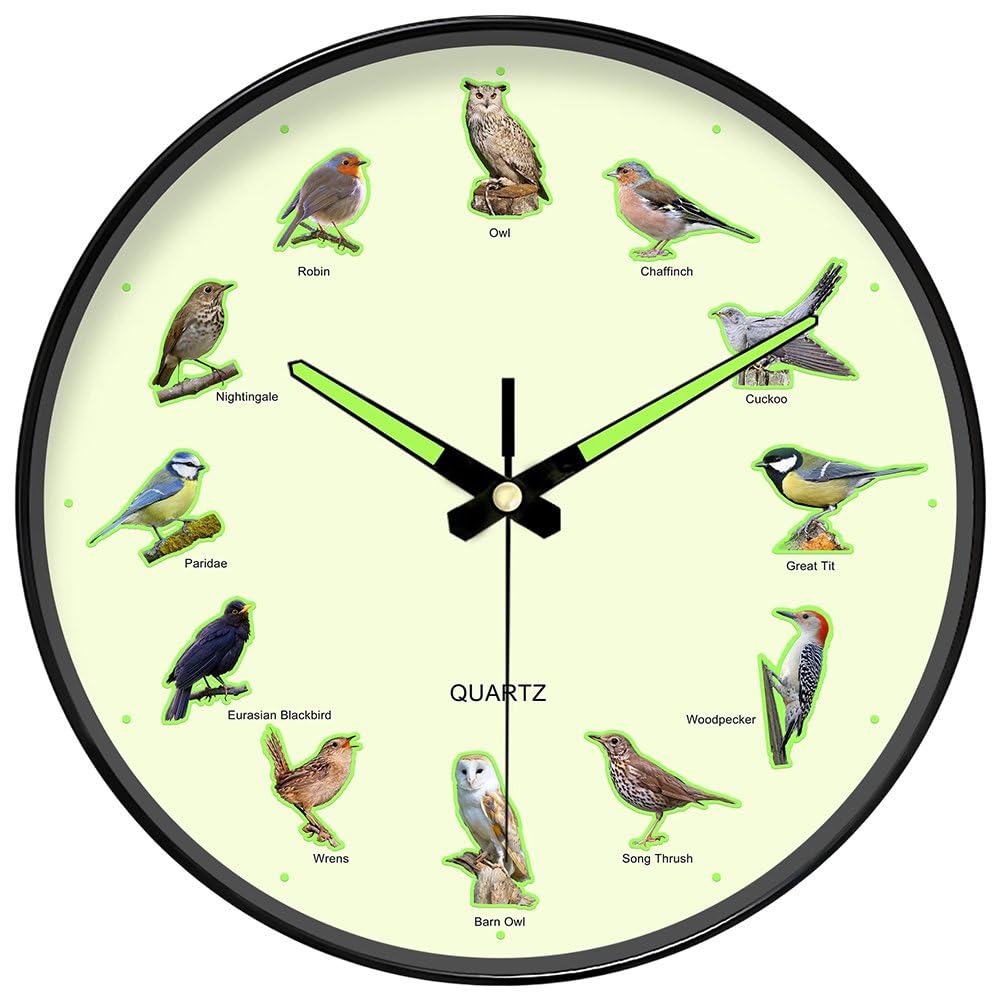Horloge murale fluorescente silencieuse 30cm lumineuse nuit oiseau