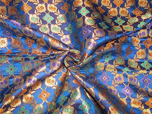 Tissu brocart de soie lourde bleu et or pour haute couture