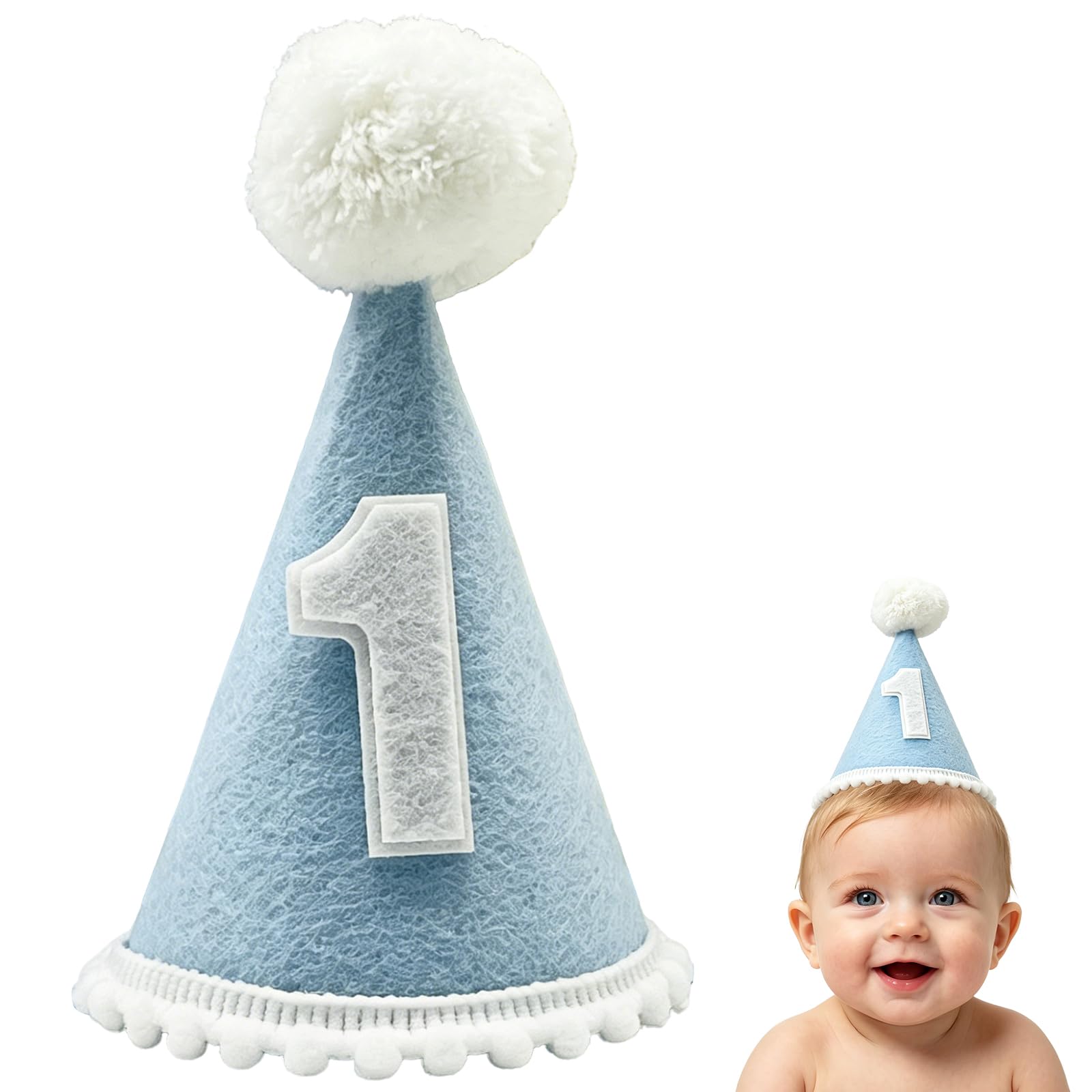 YEVON 1st Birthday Hat for Baby Boys Girls – Light Blue First Birthday Hat with White Pom Poms – Soft Felt Adjustable Baby Party Hat for 1 Year Old Birthday Decorations and Photo Props