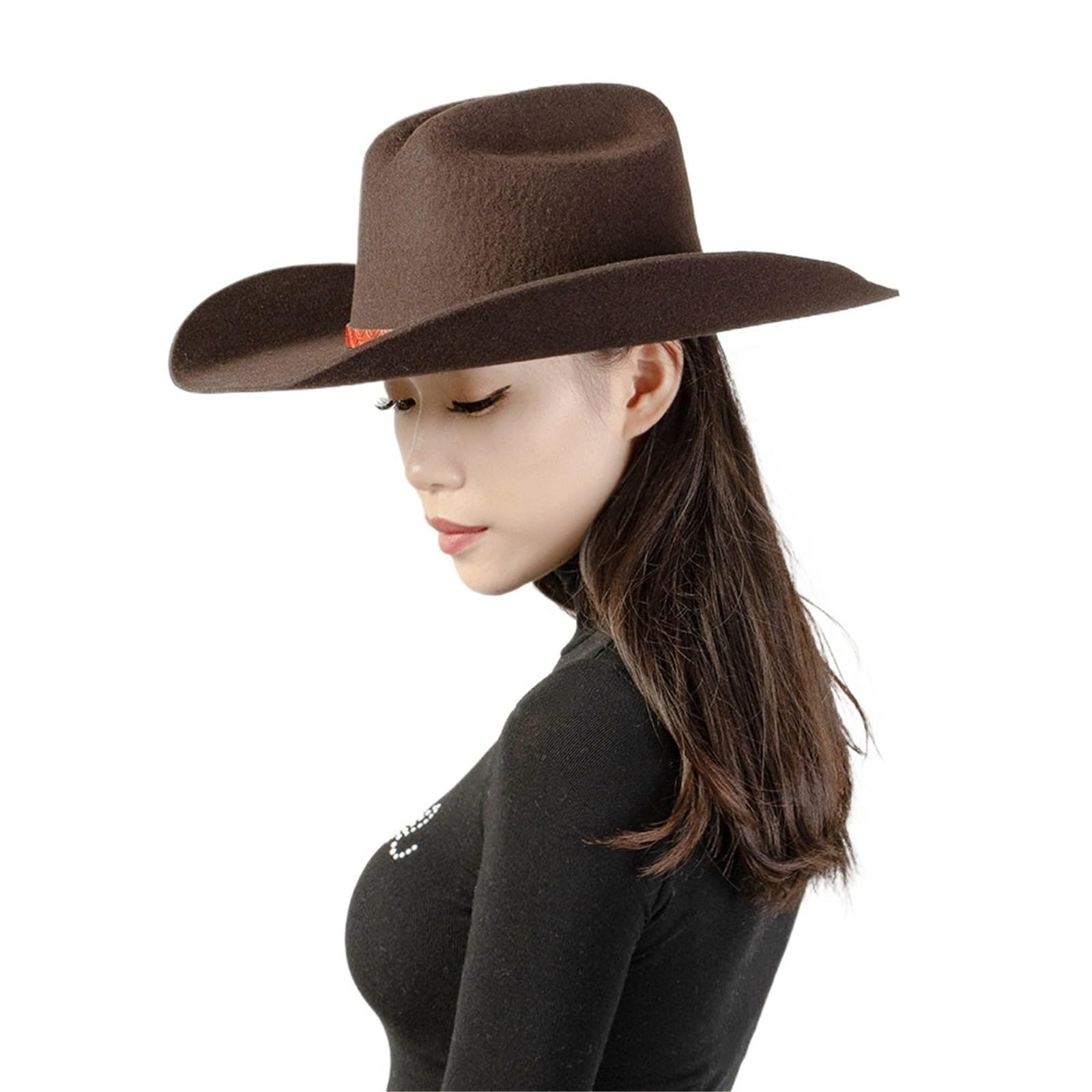 Cappello da Cowboy a Tesa Larga in Feltro di Lana for Primavera e Autunno con Fascia in Pelle Goffrata, Unisex, Fedora