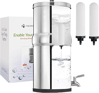 Gravity-fed Water Filter System, 2.25-Gallon Stainless Steel Alkaline Filter Countertop System with 2 Ceramics Filters and Metal Spigot, Reduces 99% Chlorine, King Tank Series