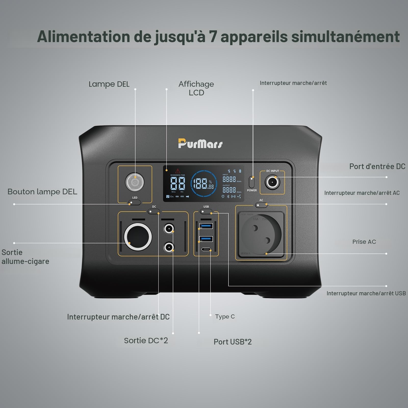 Power Station portable 300W (max. 500W), 288Wh, mémoire 230V AC USB-PD60W, lampe de poche LED, Lifepo4, générateur solaire extérieur, camping, alimentation d'urgence