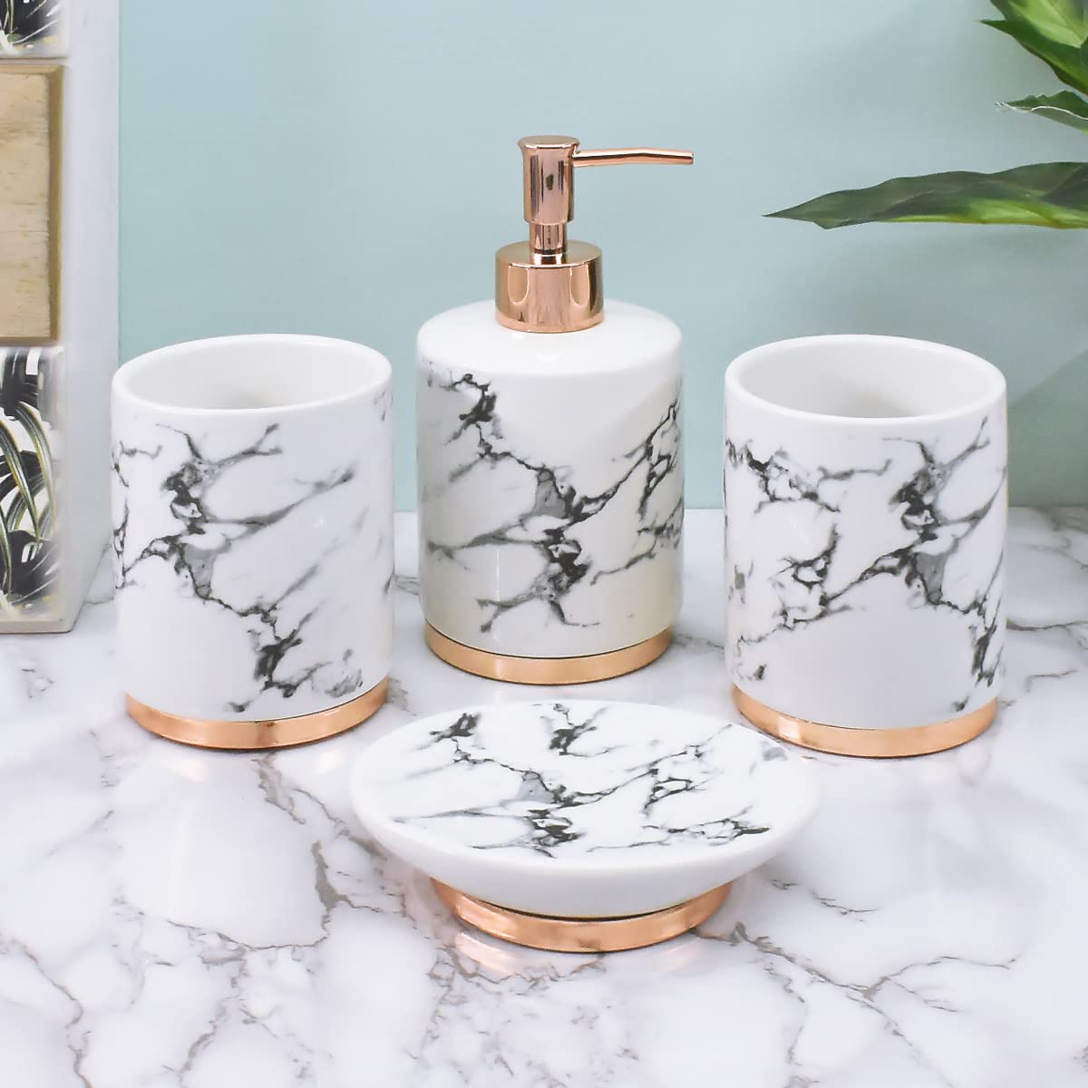 Kookee Ceramic Bathroom Set – Stylish 4 Piece Bath Accessories Kit with Soap Dispenser, Toothbrush Holder, Tumbler & Soap Dish – Modern & Designer Decor for Home & Guest Bathrooms, White/Gold (9600)