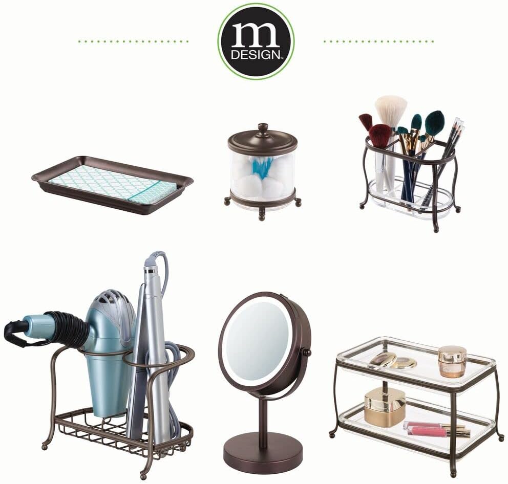 mDesign Decorative Makeup Brush Storage Organizer Tray Stand for Bathroom Vanity Counter Tops, Dressing Tables, Cosmetic Stations - 3 Sections with Removable Bottom Tray - Bronze/Clear
