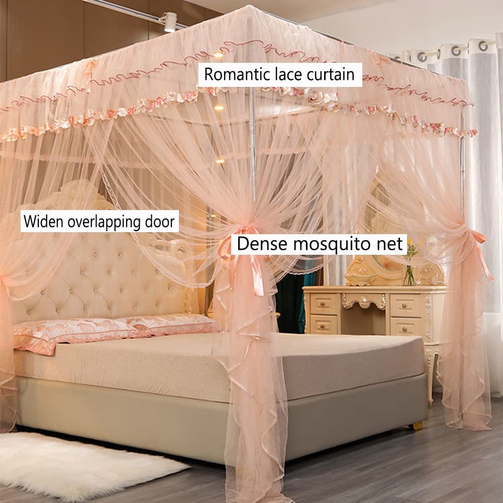 Auvent De Lit à 4 Poteaux D'angle, Moustiquaire à Baldaquin En Dentelle Princesse Romantique Avec Cadre En Acier Inoxydable, Correspondance Des Couleurs, Installation Facile, Rideau En Filet Carré