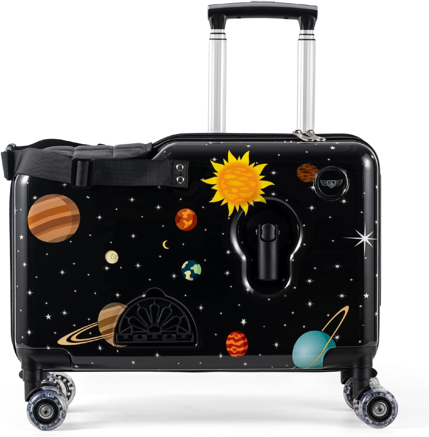 LIL FLYER GO Version 2 Ride On Suitcase for Kids | Carry On Luggage with Toddler Seat, Foldable Handlebars, Pedals, and Removable Wheels | Holds up to 80 lbs | SPACE | Ages 2-6
