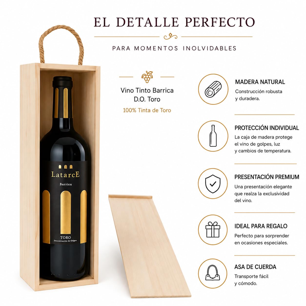 Latarce | Vino Tinto Barrica D.O. Toro 100% Tinta de Toro | 9 Meses Roble Francés y Americano | Botella 75cl Caja de Madera | Ideal para Regalo
