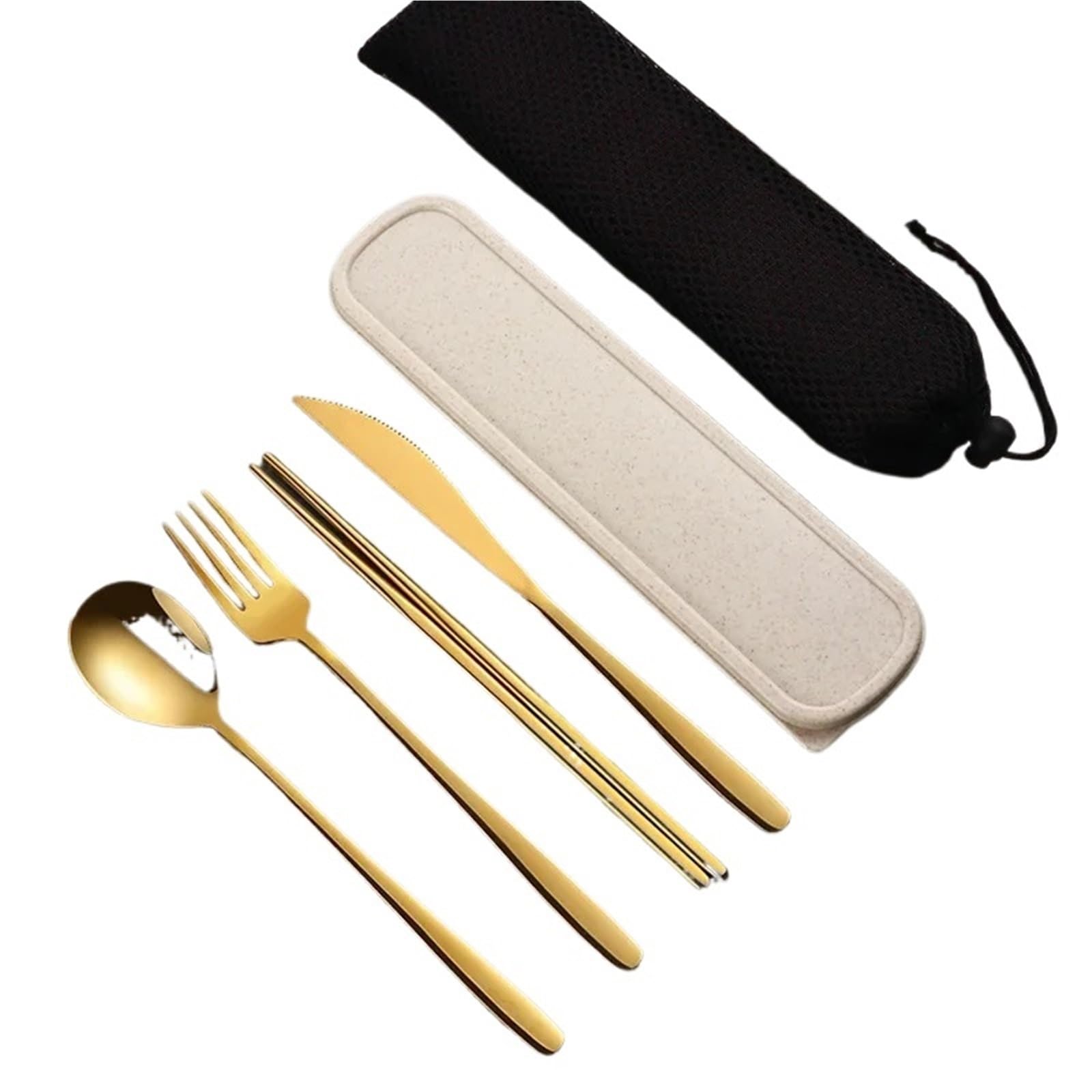 Juego de Cubiertos Juego de vajilla acero inoxidable, cubiertos portátiles, cuchillo, tenedor, cuchara, palillos(Silver-darkgreen)