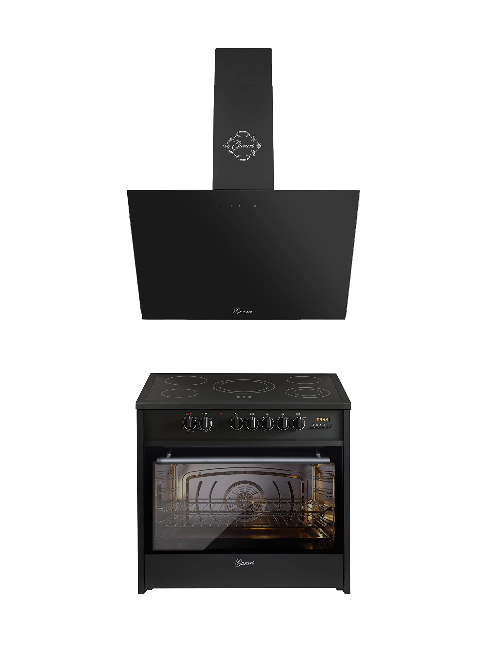 GURARI GCH G 912 BL + GCH 286 Bl 9 Prime 90 cm, acero inoxidable negro cristal, 1000 m³/h, cocina de gas 90 cm/Range Coocker / 111L