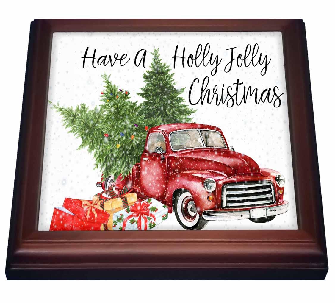 3dRose Have A Holly Jolly Red Truck With Christmas Trees Trivet With Tile, 8