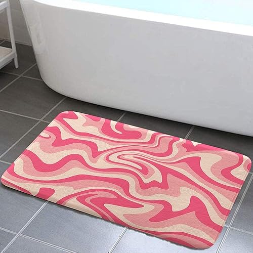 Tapetes de baño estéticos de los años 70 con diseño abstracto de remolinos ondulados, bonitos tapetes de baño rosa y beige, estéticos, retro,