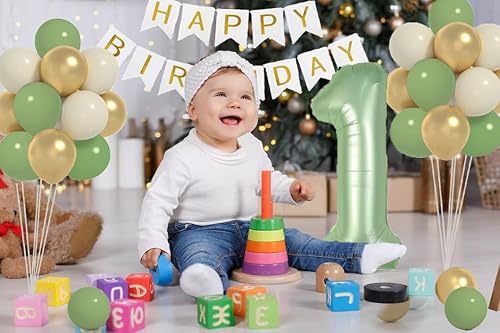 Miniatura 5 de Decoraciones de primer cumpleaños verde salvia para niños, juego de globos de número 1 de 40 pulgadas y pancarta de feliz cumpleaños con globos