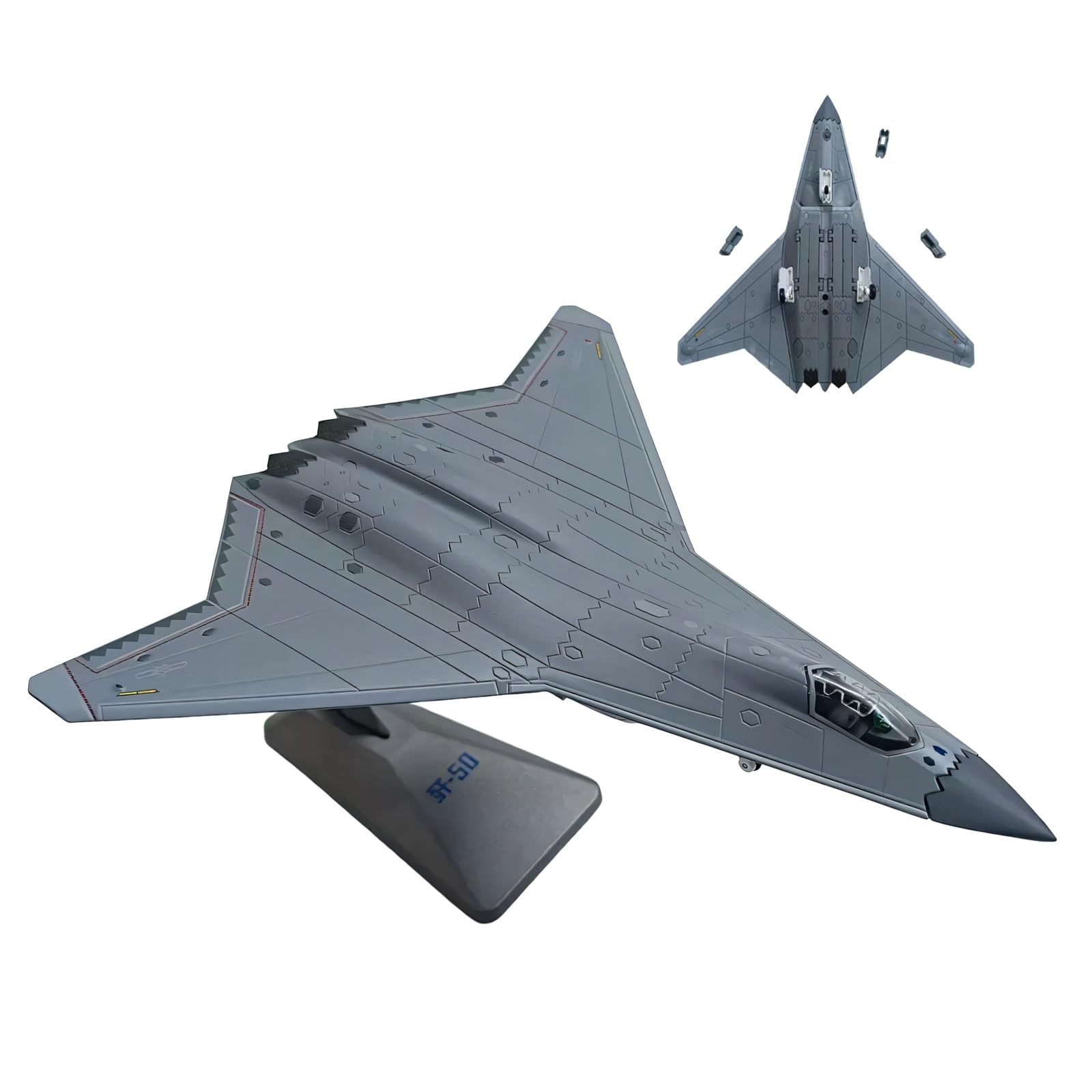 Modello aereo militare J-50 sesta generazione Stealth Fighter in scala 1:144 - Espositore collezione preassemblato con parti mobili, regalo for gli appassionati aviazione Collezionisti modelli