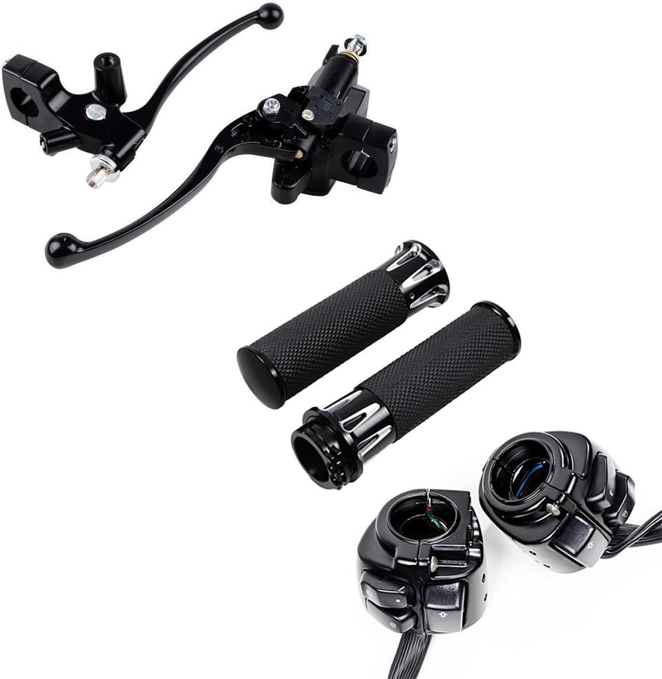Anzio 1" CNC Handlebar Hand Grips + Control Switch + Clutch Lever w/Hydraulic Brake Master Cylinder Compatible with 96-12 Harley Softail Dyna Sportster V-Rod (CNC)