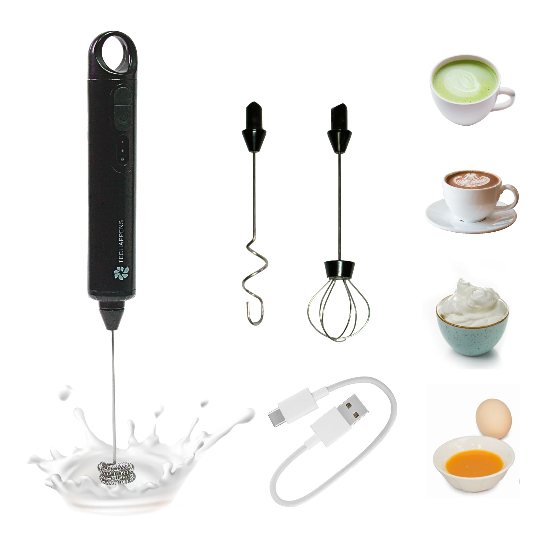Techappens Rechargeable Milk Frother USB-C, Electric Handheld Foam Maker, Matcha Latte Frother, Egg Beater, Jam Blender, 3 Stainless Steel Whisks, Portable Cappuccino Mixer, Coffee Foamer