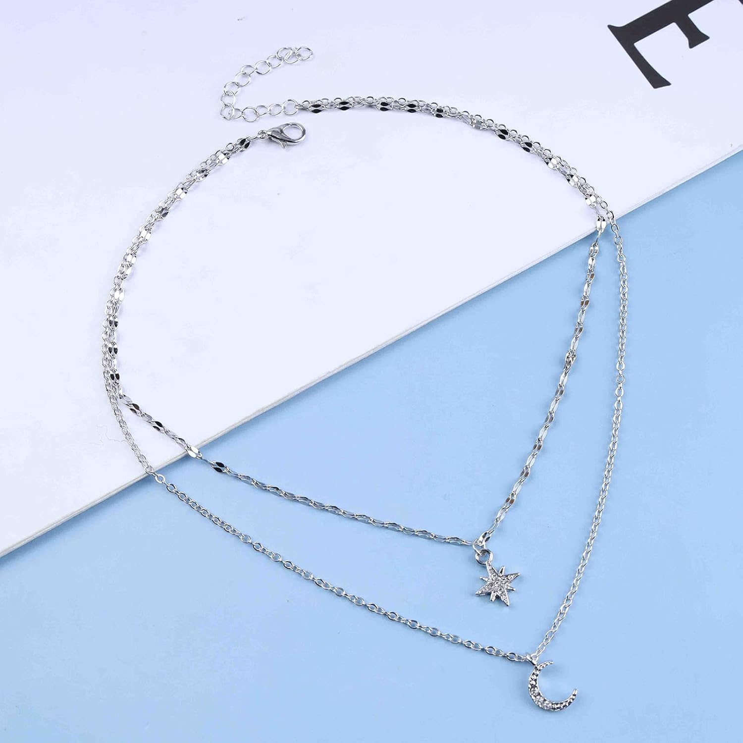 Boho Layered Crystal Star Moon Choker Necklace Silver Cz Crescent Moon Pendant Necklaces Rhinestone Northstar Necklaces Rhinestone Star Necklace Chain Jewelry for Women(Style A)