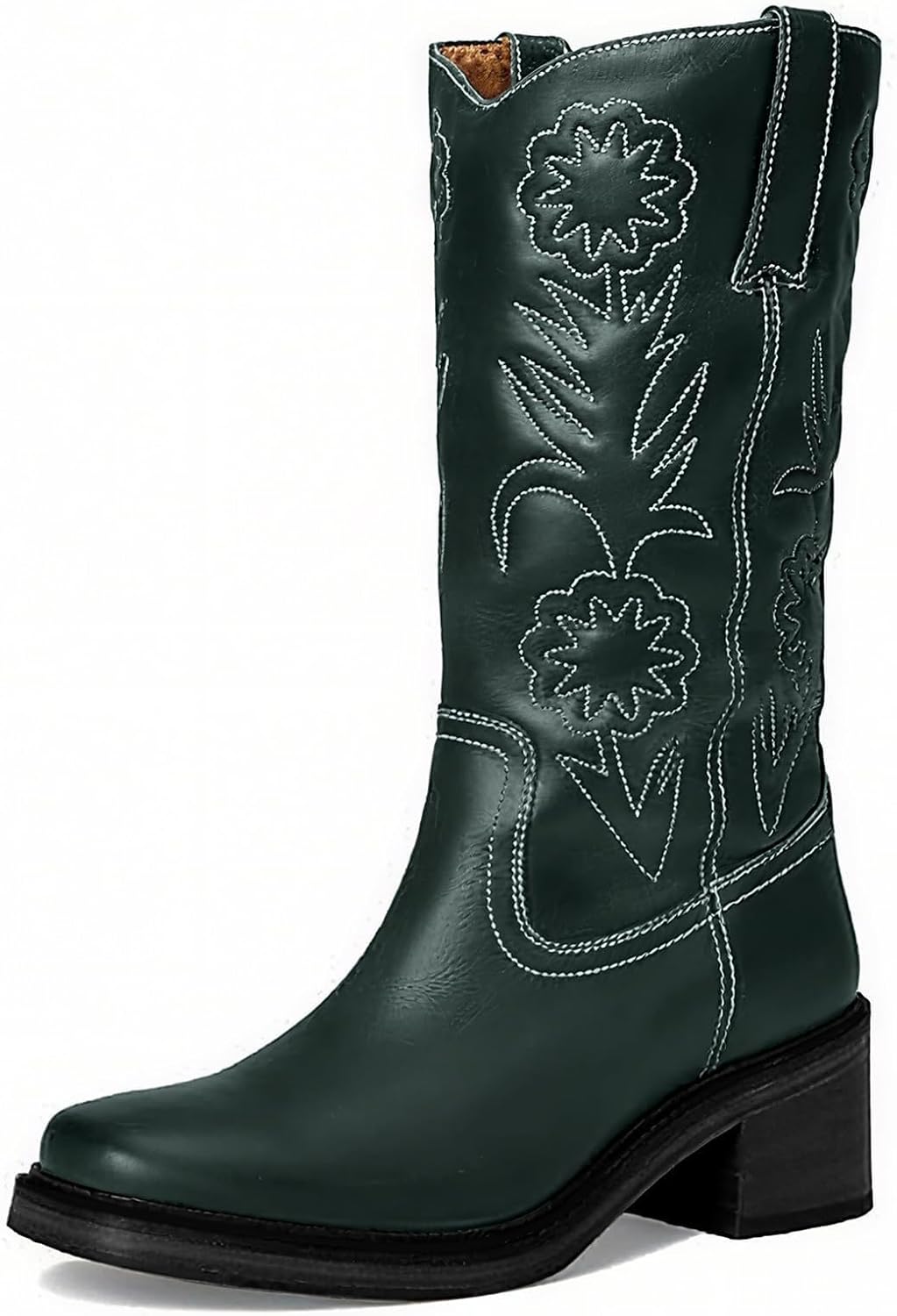 Alsoloveu Floral Embroidery Cowboy Boots Women Square Toe Cowgirl Western Boots Chunky Heel Stitched Mid Calf Boots for Country Concert Party