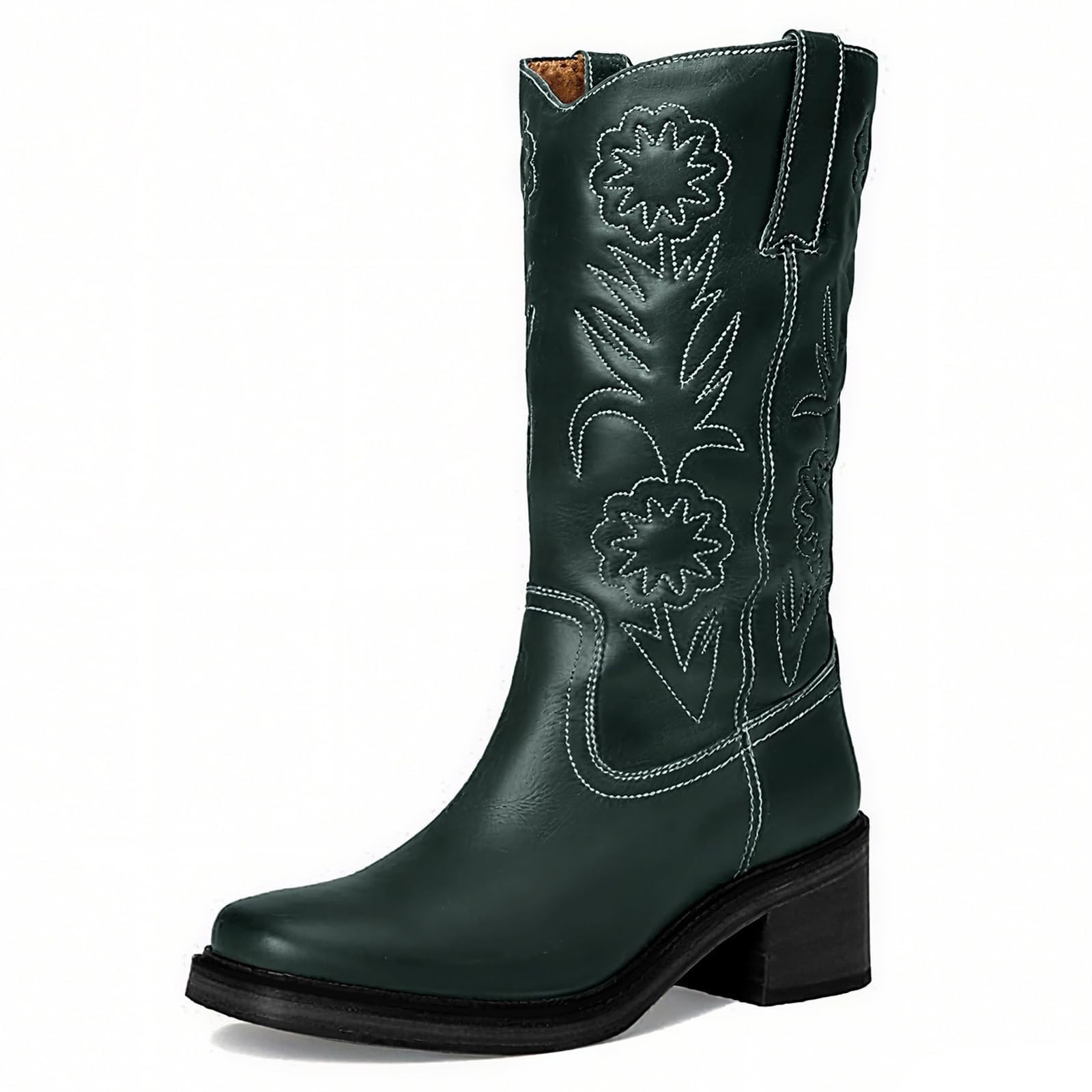 Alsoloveu Floral Embroidery Cowboy Boots Women Square Toe Cowgirl Western Boots Chunky Heel Stitched Mid Calf Boots for