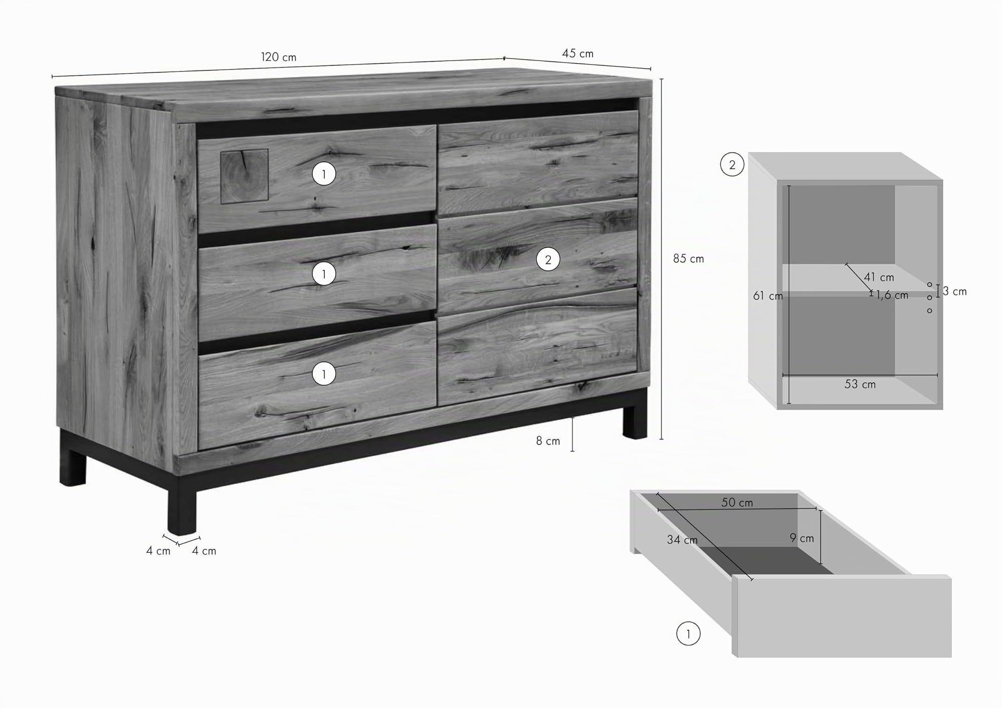 MASSIVMOEBEL24.DE | VILLANDERS Sideboard 120x45x85 Wildeiche geölt - Versch Farben, Farbe:Natur geölt, Größe:120x45x85 cm (BxTxH)