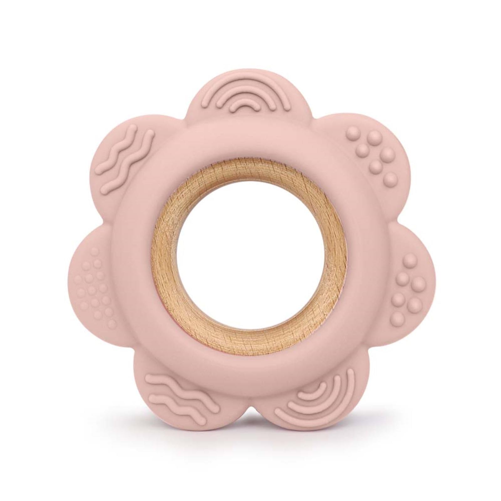 Arudyo Baby Teething Toys Silicone Teethers with Wooden Ring Baby Teether Sensory Toys (Flower Pink)