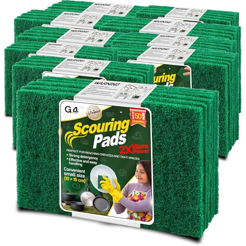 G4GADGET Heavy Duty Scouring Pads Green 50 Pack (3.9 x 5.9 inch / 10 x 15 cm) – Non-Scratch Multipurpose Scrubber for Kitchen, Pots, Pans, Sink & Dish Cleaning – Durable Reusable Scourers