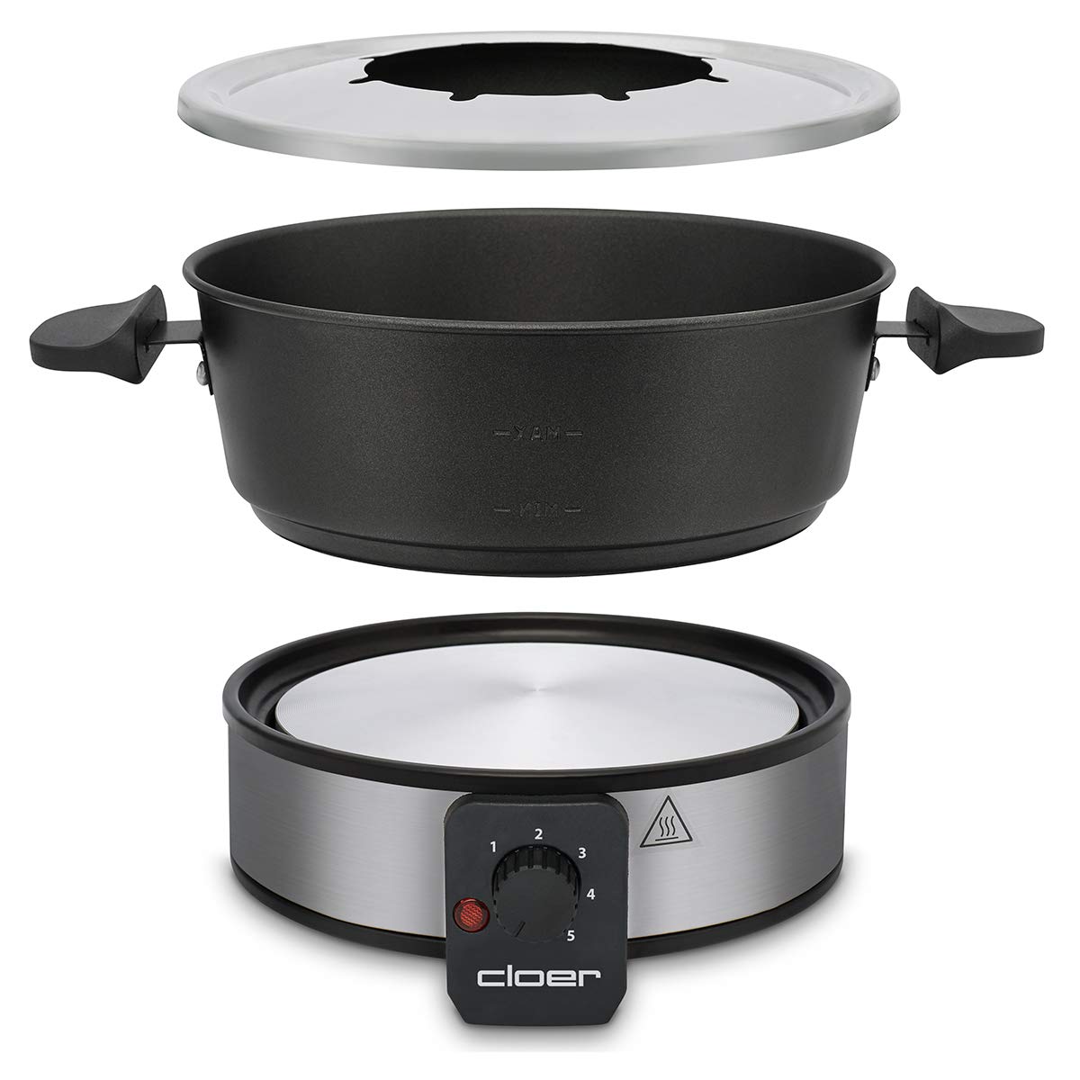 Cloer 6679 Fondues électriques jusqu'à 8 personnes, pot en aluminium revêtu, protection anti-éclaboussures amovible, 8 fourchettes colorées, 1.5 litres, 1000 W, argent, noir