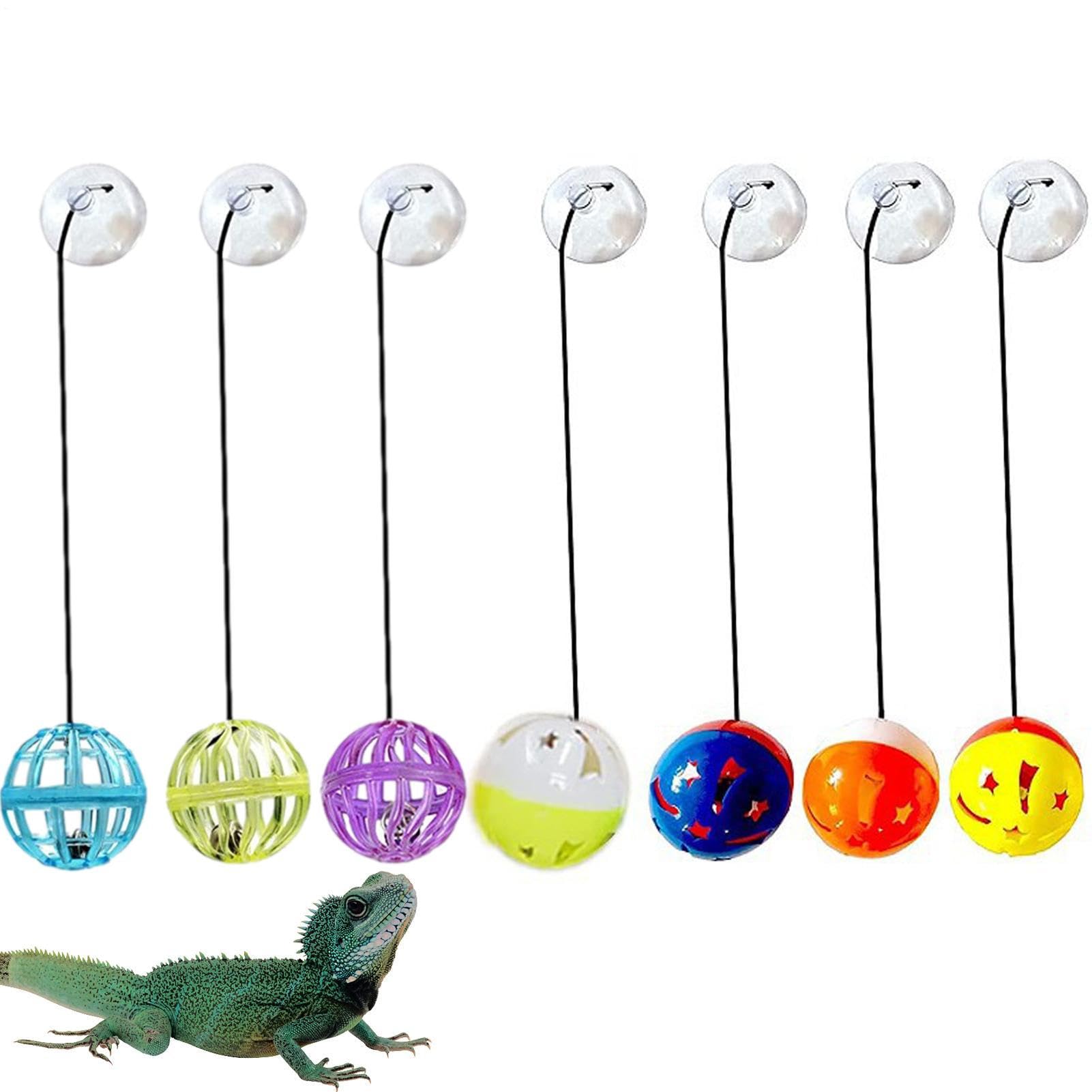 7PCS Reptile Bell Balls, Bearded Dragon Toy Ball Set, Small Amphibian Food Toys With Suction Cup And Rope, Fun Lizard Toys For Geckos, Chameleons, Iguana Accessory, Random Color
