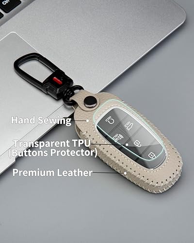 Miniatura 3 de Funda para llavero Hyundai con llavero de cuero para llave de automóvil, funda protectora para control remoto compatible con Sonata Santa Fe, Tucson