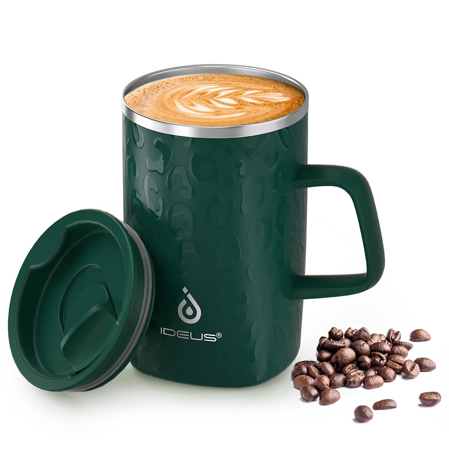 Ideus Tazza da caffè isolata sottovuoto, 470 ml, riutilizzabile, in acciaio inox, a doppia parete, con manico e coperchio scorrevole, per bevande calde e fredde, senza BPA (verde scuro Leapord)
