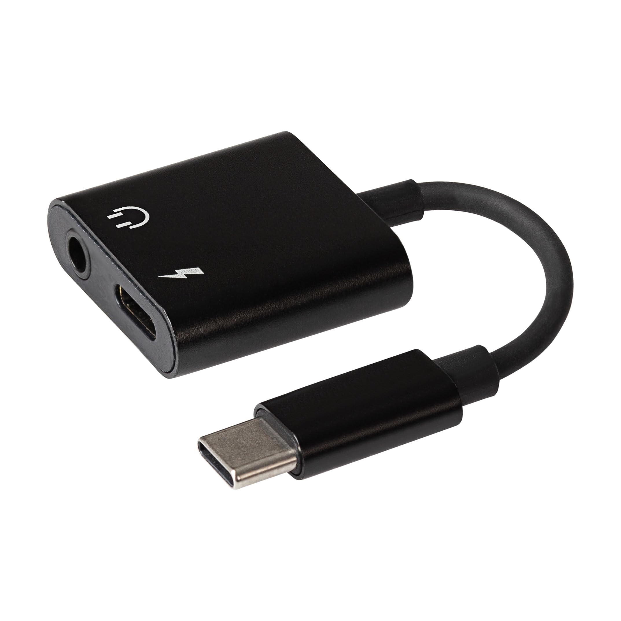 Maplin USB-C to 3.5mm Headphone Jack/USB-C PD Charging Port Adapter - Black, 10cm