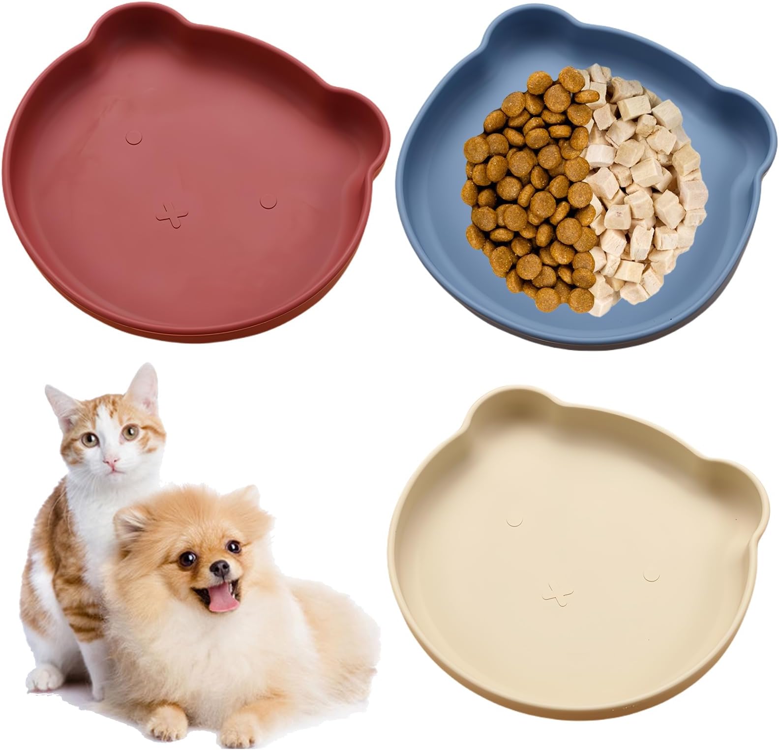 3 Pieces Cat Bowl, Flat, Silicone Bowl, Cat Food Bowl, Cat Food, Feeding Bowl, Dry Food and Wet Food Bowl, Cat Bowl with Suction Cup for Cats, Dogs, Rabbits